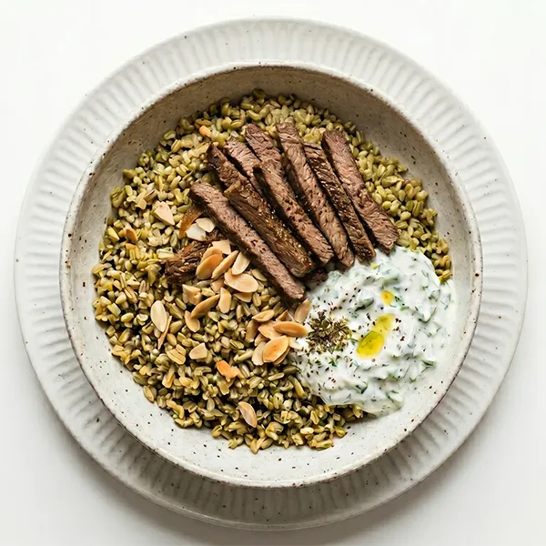 Moroccan Beef & Freekeh Bowl With Fresh Mint Yogurt Sauce